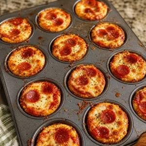 Baked mini muffin tin pizzas with bubbly cheese and golden crust