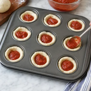 Marinara sauce spooned into dough cups in a muffin tin