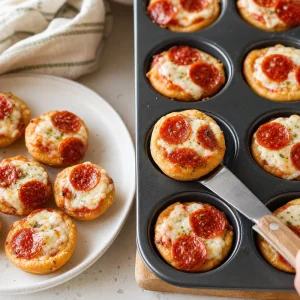Mini pizza lifted from the muffin tin with a butter knife for serving