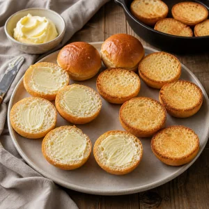 Buttered mini brioche roll halves toasted for sandwiches