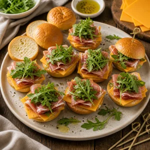 Cheddar and prosciutto mini sandwiches with arugula, olive oil, and black pepper
