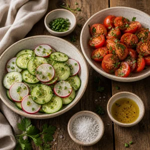 Cucumber, radish, and cherry tomato toppings tossed with herbs and olive oil