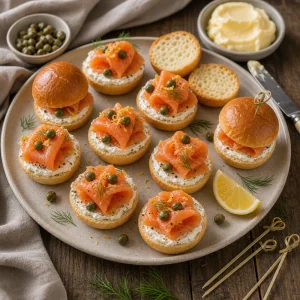 Smoked salmon mini sandwiches with cream cheese, capers, dill, and lemon