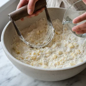 Mantequilla fría incorporada a la harina mientras se añade agua helada