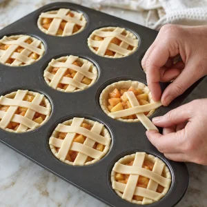 Tiras de masa formando rejillas sobre mini tartas de melocotón