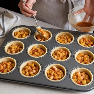 Relleno de melocotón repartido en huecos de muffin forrados con masa