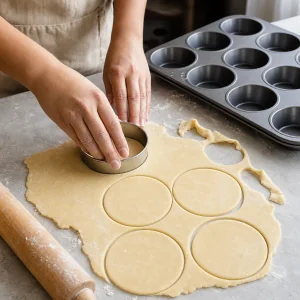 Masa fina cortada en círculos junto a un molde de muffins