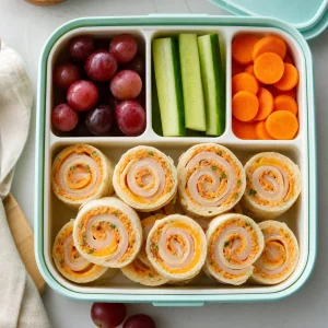 Mini roulés de dinde et fromage rangés dans une boîte bento pour un pique-nique