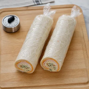 Rouleaux de tortilla bien serrés enveloppés de film plastique avant la découpe
