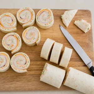 Rouleaux de tortilla à la dinde coupés en bouchées régulières de 2,5 cm