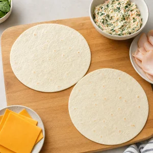 Two flour tortillas laid flat on a cutting board for turkey pinwheels