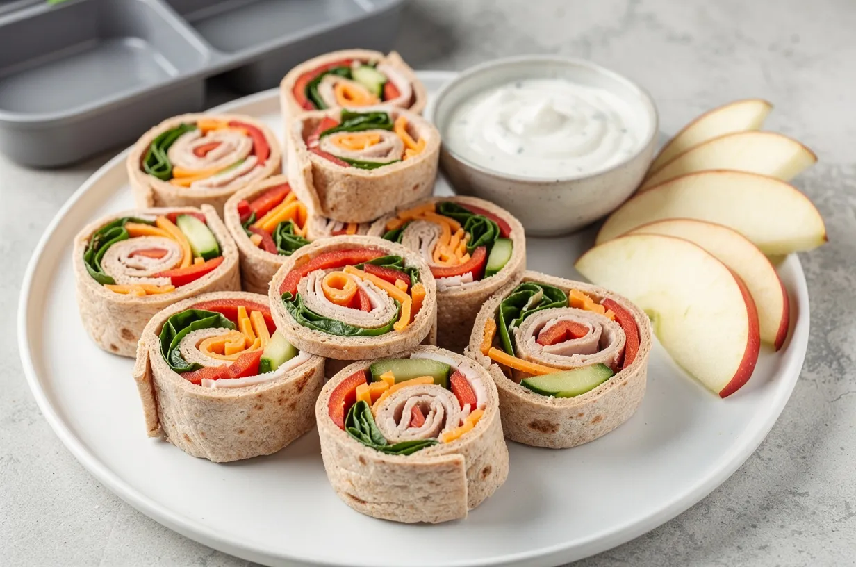 Мини-рулетики из индейки с овощами и соусом из йогурта