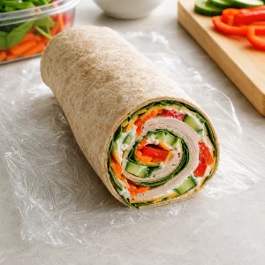 Tightly rolled turkey and veggie tortilla log on plastic wrap