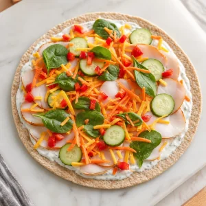 Tortilla topped with turkey, cheddar, spinach, carrots, cucumber, and red pepper