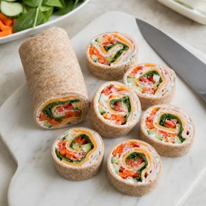 Turkey and veggie wrap sliced into clean pinwheel rounds