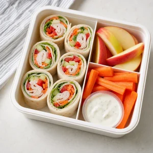 Turkey veggie pinwheels packed with apple slices, carrot sticks, and yogurt ranch dip