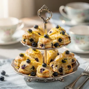 A stack of small, golden-brown blueberry scones drizzled with glaze and topped with lemon zest on a decorative plate.