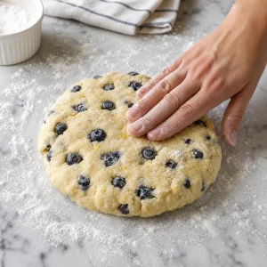 Massa de scones de mirtilo moldada em circulo espesso sobre farinha