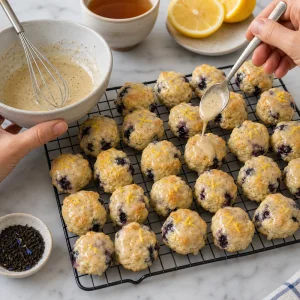 Glace de Earl Grey regado sobre scones mornos de limao e mirtilo