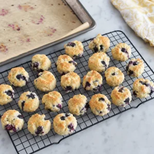 Mini scones de mirtilo dourados arrefecendo numa grelha