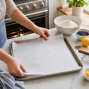 Papel vegetal forrando uma assadeira para mini scones