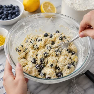 Massa rustica de scones de limao e mirtilo mexida com garfo