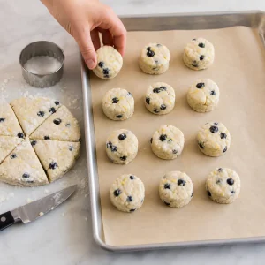 Pequenos scones de mirtilo numa assadeira forrada com papel vegetal