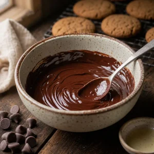 Chocolate derretido brilhante em tigela com biscoitos por perto