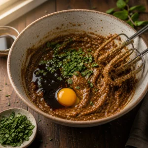 Mistura com melaco, ovo e hortela picada em uma tigela
