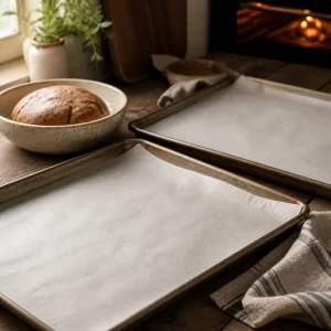 Assadeiras com papel manteiga prontas para massa de biscoito
