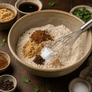 Mistura de farinha com especiarias e batedor em tigela de ceramica