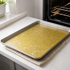 Melted butter coating a rimmed sheet pan