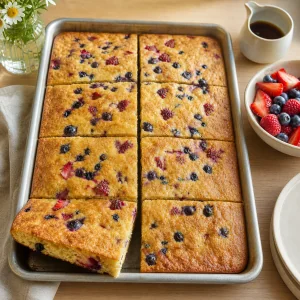 Mixed berry sheet-pan pancake cut into eight warm portions