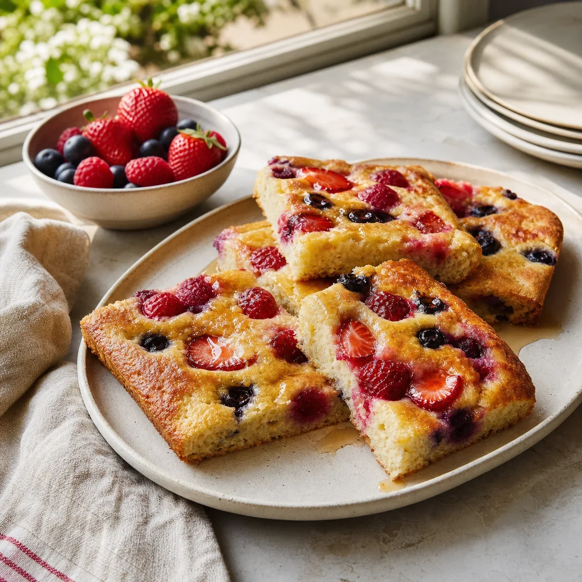 Mixed berry sheet-pan pancake slices with maple syrup and fresh berries