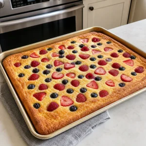 Puffed mixed berry sheet-pan pancake with golden edges
