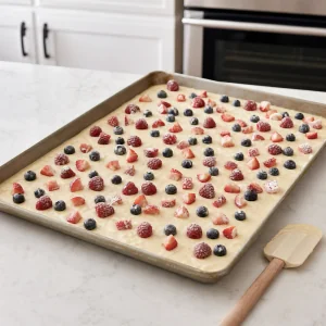 Raw pancake batter spread in a sheet pan with mixed berries on top