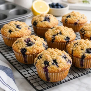 Muffins de mirtilo com streusel de limao a arrefecer numa grade