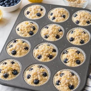 Massa de muffins de mirtilo com streusel de limao nas formas