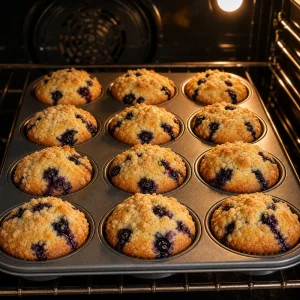 Muffins de mirtilo dourados a assar na forma