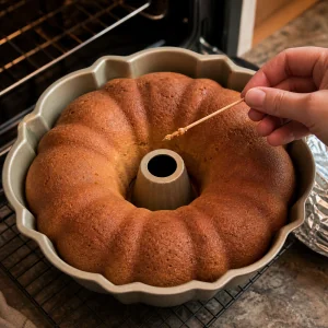 Gebackener Bundt-Kuchen mit Holzstaebchen und feuchten Kruemeln getestet.