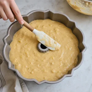 Rum-Ananas-Teig in die vorbereitete Bundtform gefuellt.