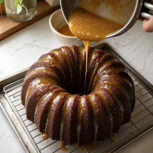 Warme Ananas-Braune-Butter-Glasur ueber den abgekuehlten Bundt getraeufelt.