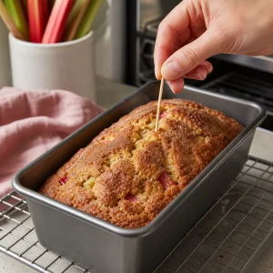 Baked rhubarb quick bread tested with a clean toothpick