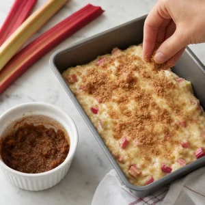 Cinnamon sugar butter sprinkled over rhubarb bread batter