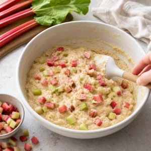 Diced rhubarb folded evenly into quick bread batter
