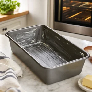 Greased loaf pan ready for rhubarb quick bread batter