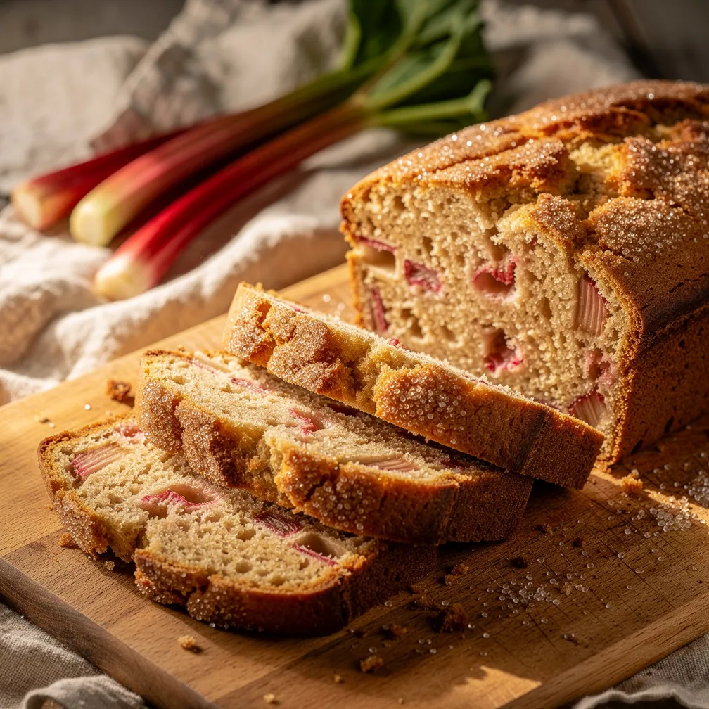 Sliced rhubarb quick bread showing a crunchy cinnamon sugar crust and hearty pink rhubarb pieces