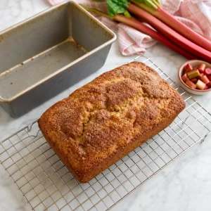 Whole rhubarb quick bread cooling on a wire rack