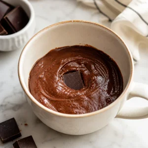 Trozo de chocolate negro colocado en el centro de la masa del mug cake