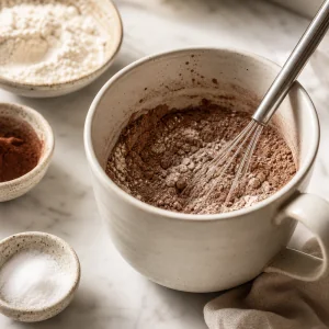 Ingredientes secos del mug cake batidos en una taza apta para microondas